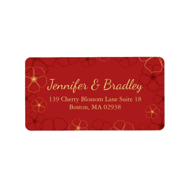 Red & Gold Cherry Blossoms Wedding Address Labels (Front)