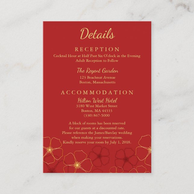 Red Gold Cherry Blossoms Wedding Details Enclosure Card (Front)