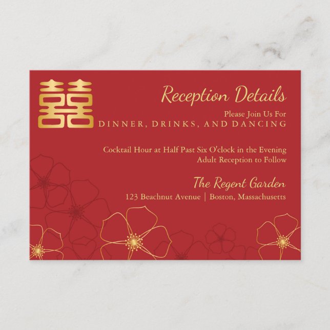 Red Gold Cherry Blossoms Wedding Details Enclosure Card (Front)
