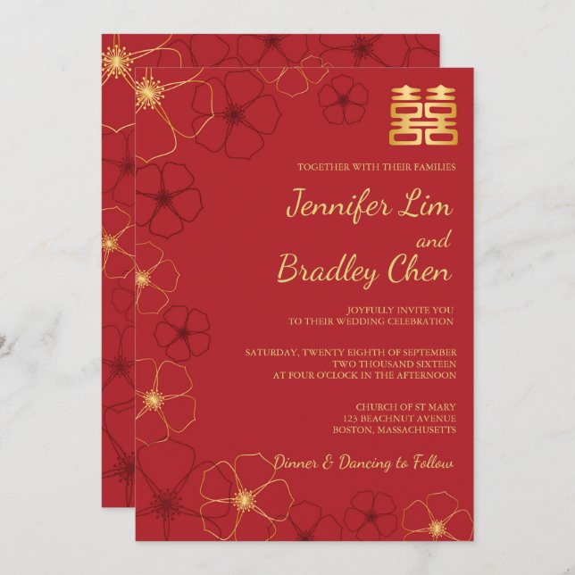 Red & Gold Cherry Blossoms Wedding Invitation Card (Front/Back)