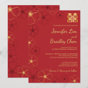 Red & Gold Cherry Blossoms Wedding Invitation Card