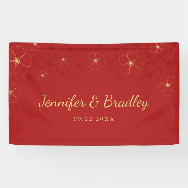 Red Gold Cherry Blossoms Wedding Photo Backdrop Banner (Horizontal)