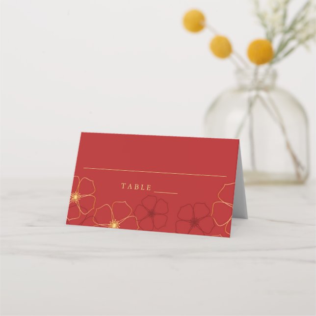 Red & Gold Cherry Blossoms Wedding Place Card (Front)