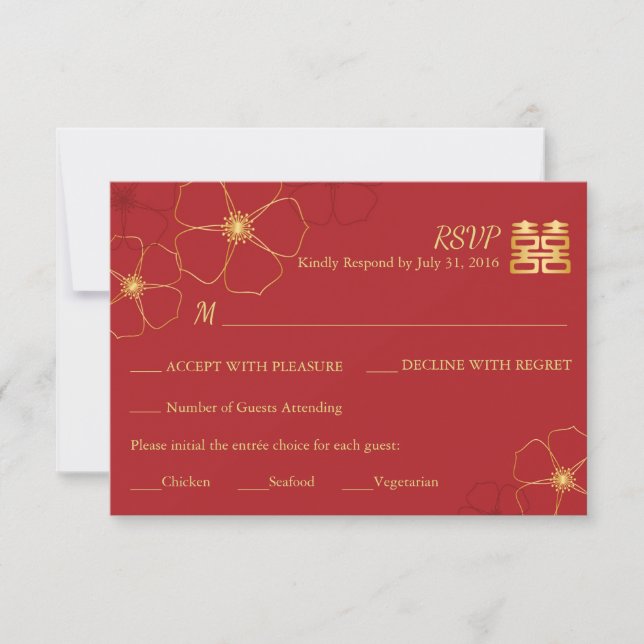 Red & Gold Cherry Blossoms Wedding RSVP Card (Front)
