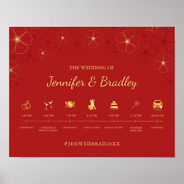 Red Gold Cherry Blossoms Wedding Timeline Sign (Front)