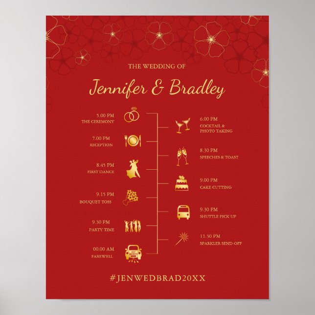 Red Gold Cherry Blossoms Wedding Timeline Sign (Front)