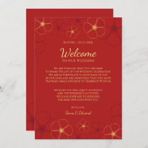 Red Gold Cherry Blossoms Wedding Welcome Note Invitation