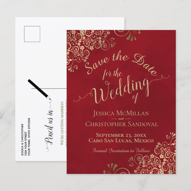Red & Gold Chic Calligraphy Wedding Save the Date Announcement Postcard (Front/Back)