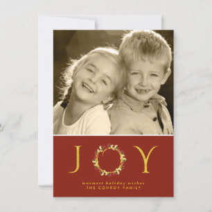 Red Gold Chic Christmas Joy Floral Wreath Photo Holiday Card