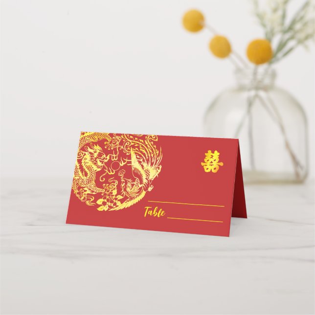 Red gold Chinese Dragon and Phoenix logo wedding Place Card (Front)