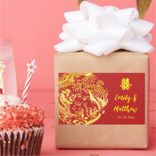 Red gold Chinese Dragon and Phoenix logo wedding Rectangular Sticker