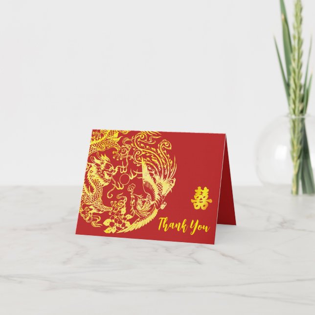 Red gold Chinese Dragon and Phoenix logo wedding Thank You Card (Front)