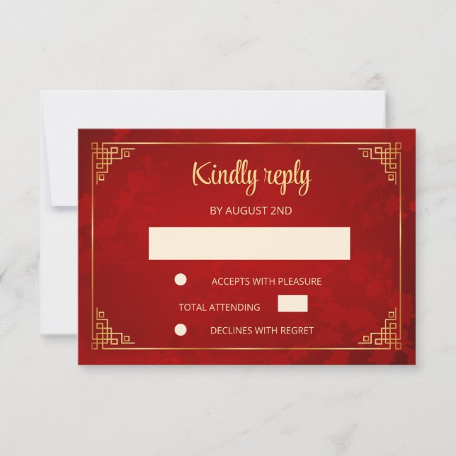  Red Gold Chinese Frame Wedding RSVP Card (Front)