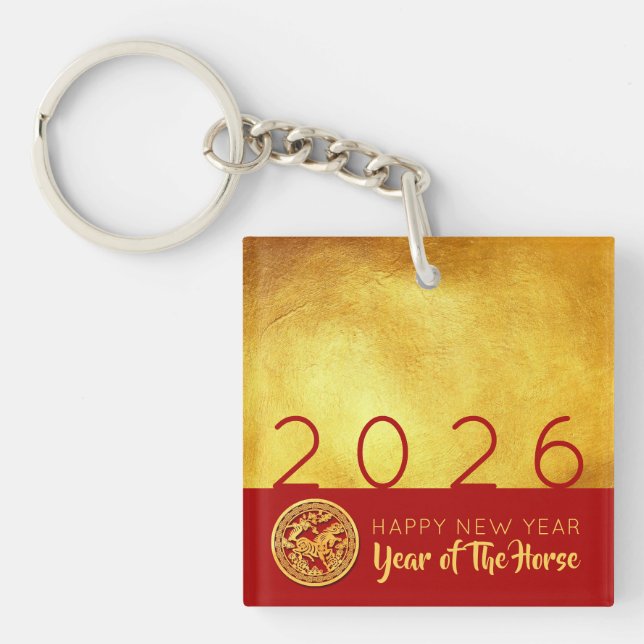 Red Gold Chinese Horse paper-cut 2026 ASqK Key Ring (Front)