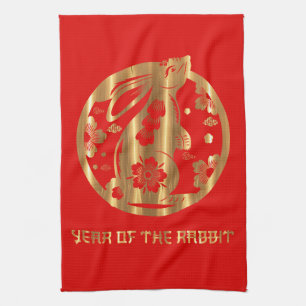 Red Gold Chinese New Year of Rabbit Tea Towel