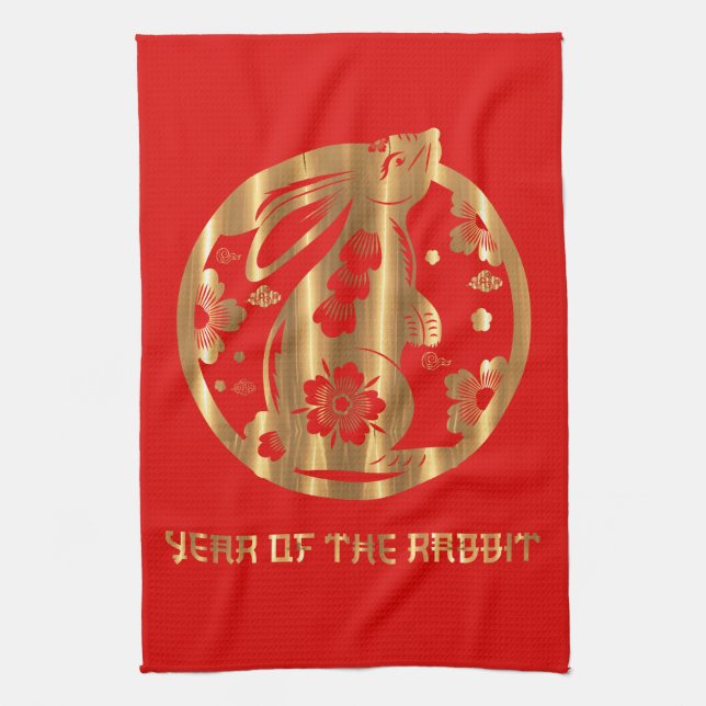 Red Gold Chinese New Year of Rabbit Tea Towel (Vertical)