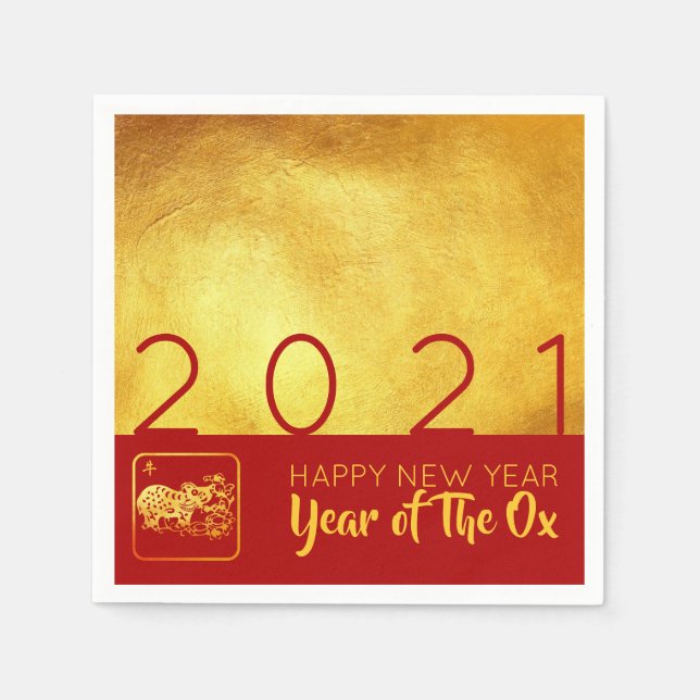 Red Gold Chinese Ox paper-cut 2021 PN Napkin (Front)