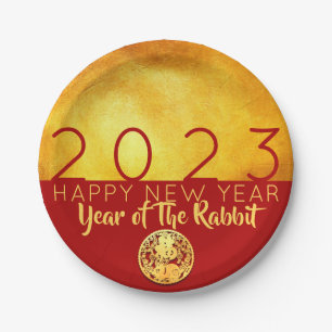 Red Gold Chinese Rabbit paper-cut 2023 PP Paper Plate