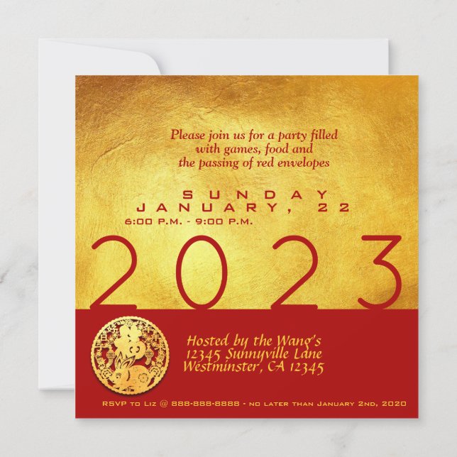 Red Gold Chinese Rabbit papercut 2023 Party SqInv Card (Back)