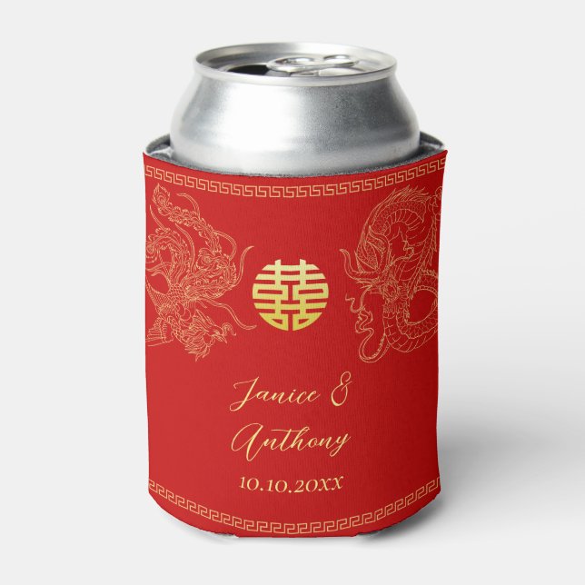 Red gold Chinese wedding dragon and phoenix Can Cooler (Can Front)