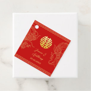 Red gold Chinese wedding dragon and phoenix Favour Tags