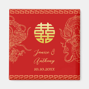 Red gold Chinese wedding dragon and phoenix Magnet