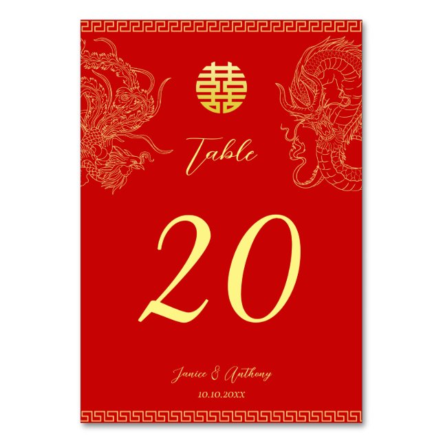Red gold Chinese wedding dragon phoenix Table Number (Front)