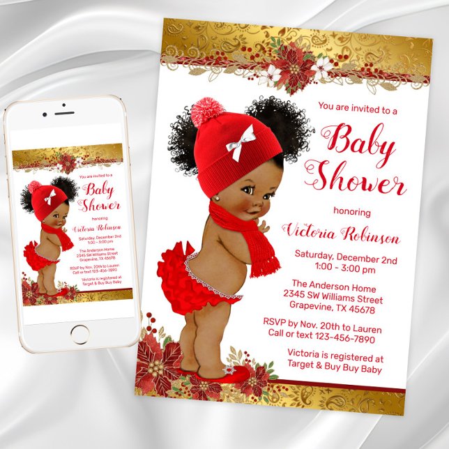 Red Gold Christmas Baby Shower Invitation (Adorable Girl Christmas Baby Shower Invitation. Instant download and printed invitations available.)