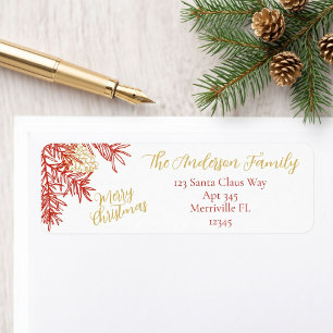 Red Gold Christmas Botanical Return Address Label
