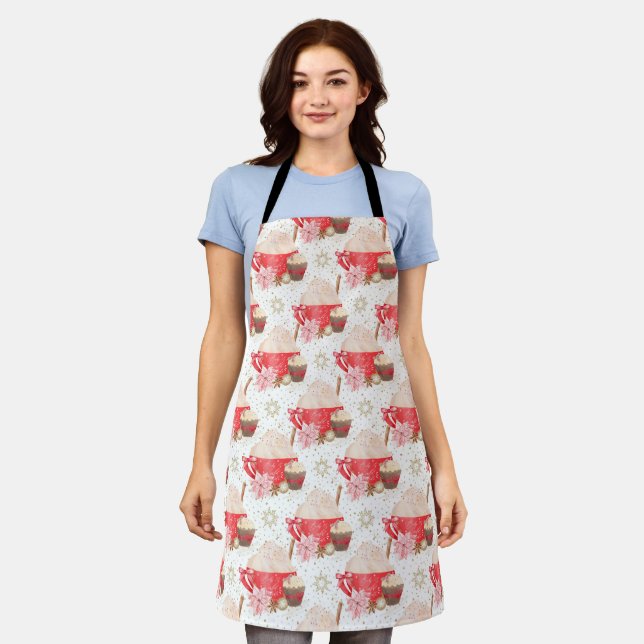 Red & Gold Christmas Cocoa Dessert Pattern Apron (Worn)