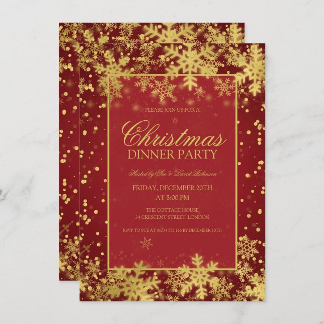 Red Gold Christmas Dinner Party Winter Snowflakes Invitation (Front/Back)