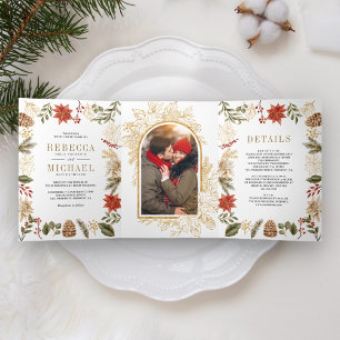 Red Gold Christmas Floral Photo All in One Wedding Tri-Fold Invitation