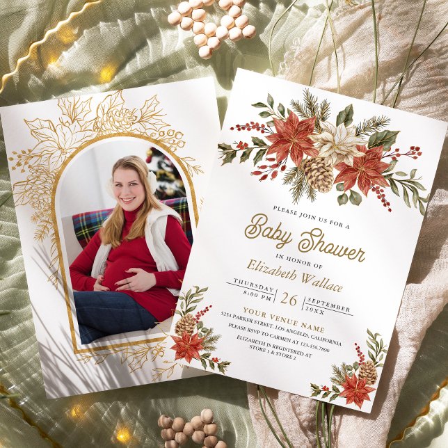 Red Gold Christmas Floral Photo Baby Shower Invitation (Creator Uploaded)