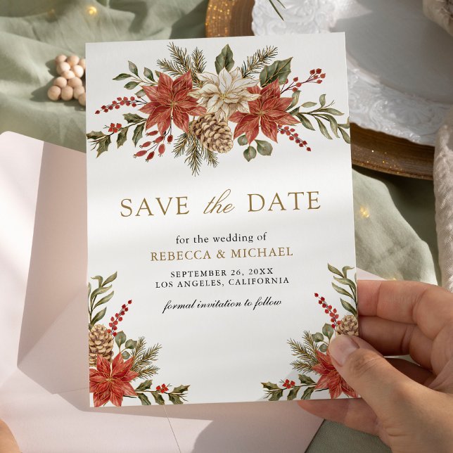 Red Gold Christmas Floral Photo Wedding Save The Date (Creator Uploaded)