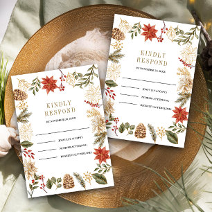 Red Gold Christmas Floral Wedding RSVP Card