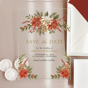 Red Gold Christmas Floral Wedding Save the Date Acrylic Invitations