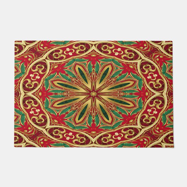 Red Gold Christmas Holiday Doormat (Front)