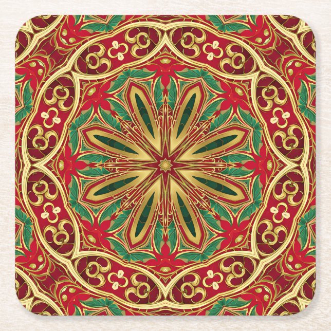 Red Gold Christmas Holiday Paper Coaster (Front)