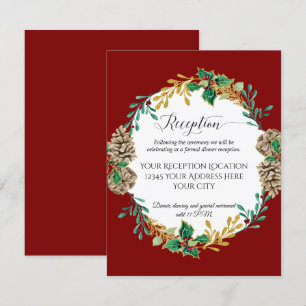 Red Gold Christmas Holly Pine Wedding Reception Invitation
