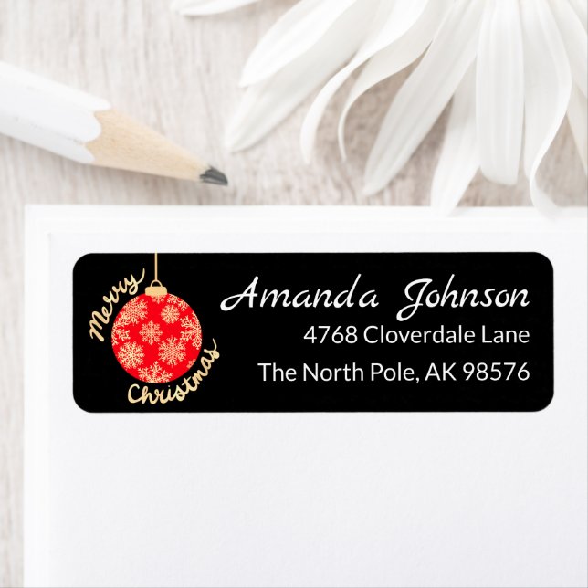 Red Gold Christmas Ornament Black Return Address Label (Insitu)