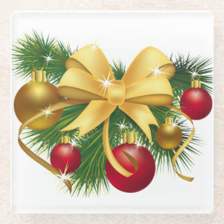 RED & GOLD CHRISTMAS ORNAMENTS & GOLD BOW GLASS COASTER