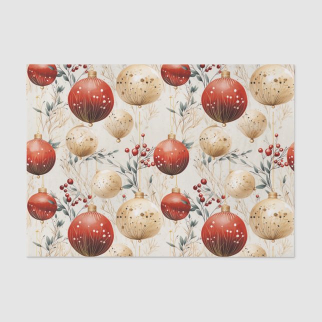 Red Gold Christmas Ornaments Holly Berry Decoupage Tissue Paper (Front)