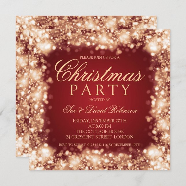 Red Gold Christmas Party Sparkling Lights Invitation (Front/Back)