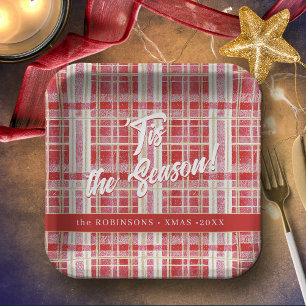 Red Gold Christmas Plaid Pattern#2 ID1009 Paper Plate