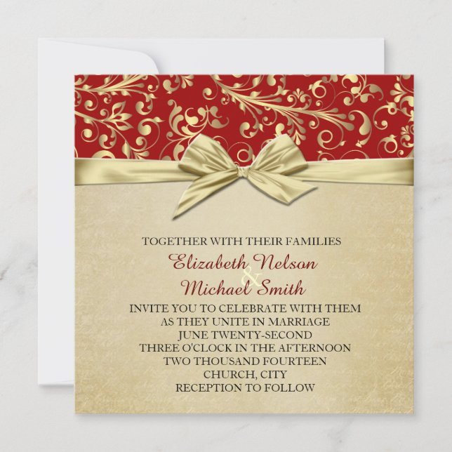 Red/Gold Christmas Ribbon Damask Wedding Invite (Front)