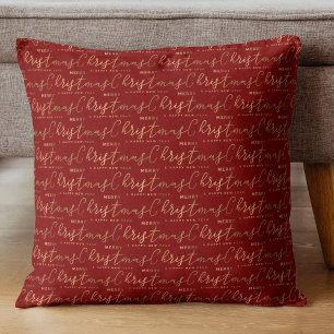 Red Gold Christmas Script Cushion