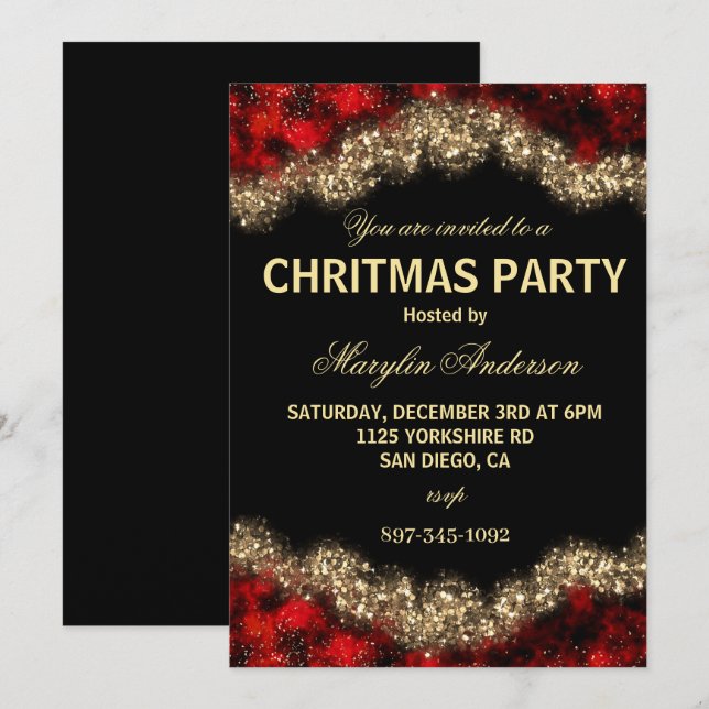 RED & GOLD CHRISTMAS SHIMMER CUSTOM INVITATION (Front/Back)