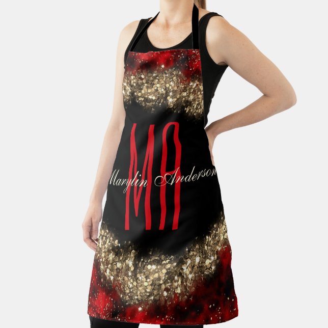 RED & GOLD CHRISTMAS SHIMMER CUSTOM MONOGRAM APRON (Insitu)