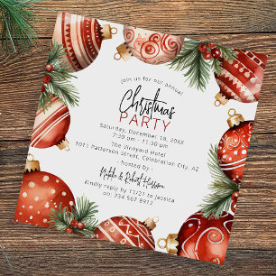 Red & Gold Christmas Tree Ornaments Party Invitation