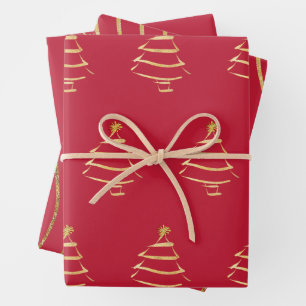 Red Gold Christmas Tree Snowflake Wavy Lines Wrapping Paper Sheet